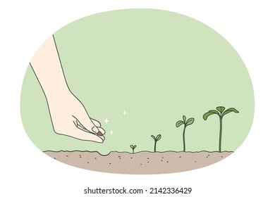 Person hand plant seed in ground watch tree development stages. Gardener put seedling in soil. Timeline and growth metaphor. Gardening and agriculture concept. Vector illustration. 