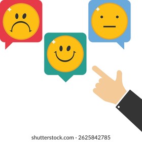 Person hand push icons with different emotions stock illustration

