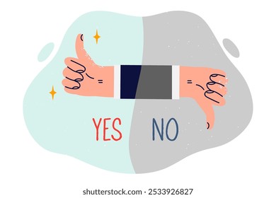 Person hand shows thumbs up and thumbs down for nonverbal approval or protest against proposal made. Gesture from business man with yes and no inscriptions, to support or oppose work colleague