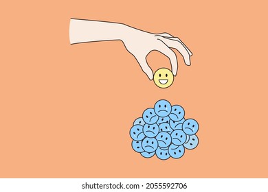 Person hand take choose smiling emoticon from pile of sad unhappy emojis. Woman man decide be happy overjoyed. Mental health, good life balance, emotional stability concept. Flat vector illustration.