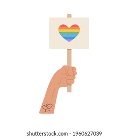 A person hand with tattoo holding LGTB placard with rainbow heart. Element for Pride Month celebration. Symbols for LGTBQ parade. Icon isolated on white background. Vector flat illustration