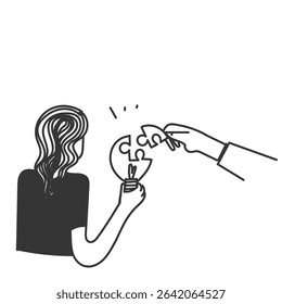 person hand trying to solve puzzle bulb in doodle icon