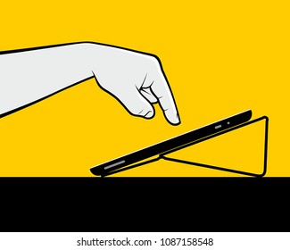 Person hand using stand tablet