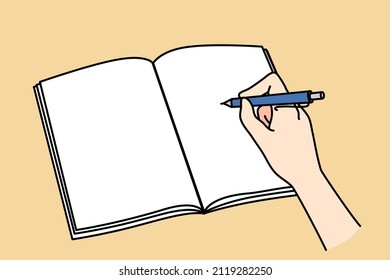 Person hand writing in blank notebook with pen. Write make note handwrite in notepad or diary. Education and learning concept. Flat vector illustration, cartoon character. 