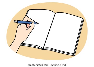 Person Hand schreiben in leeres Notizbuch mit Stift. Notieren Sie sich handschriftlich in Notizblock oder Tagebuch. Bildungs- und Lernkonzept. Flache Vektorgrafik, Zeichentrickfigur.