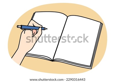 Person hand writing in blank notebook with pen. Write make note handwrite in notepad or diary. Education and learning concept. Flat vector illustration, cartoon character.