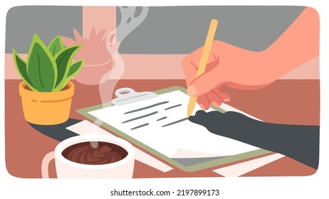 Person hand writing letter with pen on paper. Hand writing note on paper sheet on desk with coffee cup, potted plant at home. Office work, business document, cozy workplace flat vector illustration