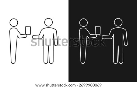 Person Handing Over a Document to Another Line Art Icon, Minimalist Stick Figure Symbol for Exchange, Transfer, and Collaboration, Modern Vector Graphic for Business and Teamwork, Black and White.