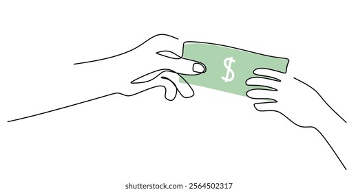 A person handing over money, symbolizing financial transactions and the exchange of resources. One line drawing for business and finance. Vector illustration hand drawn.