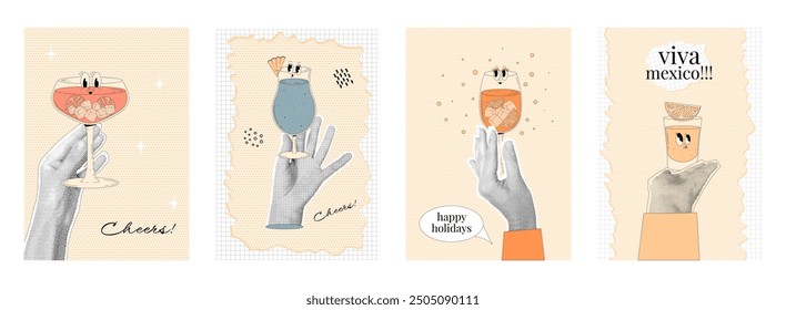 Person hands with halftone effect holds glass of cocktail. Posters set in retro collage style. Happy holidays, cheers, viva mexico. Vertical vector banners