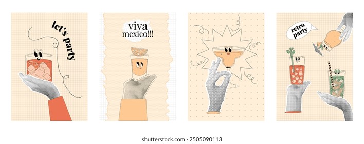 Person hands with halftone effect holds glass of cocktail. Posters set in retro collage style. Lets party, viva mexico. Vertical vector banners