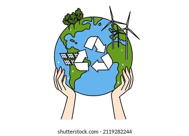 Person hands hold earth globe with recycle sign in middle. Concept of natural resources protection and land conservation. Nature and environment smart use and preservation. Vector illustration. 