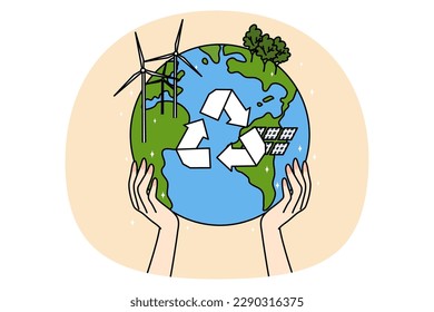 Person hands hold earth globe with recycle sign in middle. Concept of natural resources protection and land conservation. Nature and environment smart use and preservation. Vector illustration.