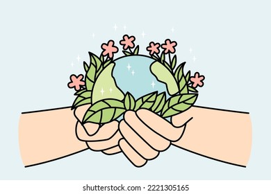 Person hands holding planet earth with blooming flowers. Activist or volunteer take care of environment. Nature protection concept. Vector illustration. 