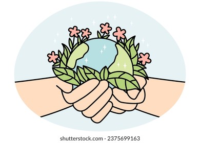 Person hands holding planet earth with blooming flowers. Activist or volunteer take care of environment. Nature protection concept. Vector illustration.