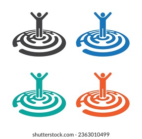 person hands up in round maze labyrinth 3d icon