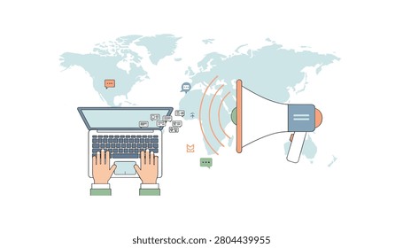 Person hands typing on a laptop with a megaphone emitting sound waves across a world map to symbolize global digital marketing and outreach.
