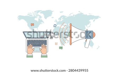 Person hands typing on a laptop with a megaphone emitting sound waves across a world map to symbolize global digital marketing and outreach.