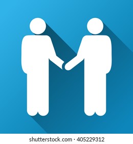Person Handshake vector toolbar icon for software design. Style is a white symbol on a square blue background with gradient long shadow.