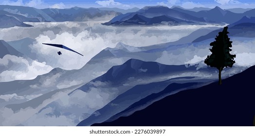 Ein Hang gleitet über eine Berglandschaft auf einem blauen Vektorbild.
