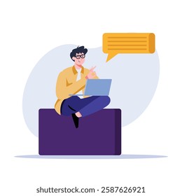 Person is happily communicating online using a laptop with a speech bubble signifying discussion Good for illustrating remote work or social media concepts