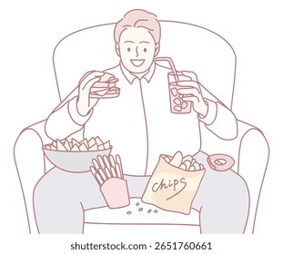 Uma pessoa feliz entregando-se em vários fast food, lanches saborosos e bebidas refrescantes enquanto descansa confortavelmente