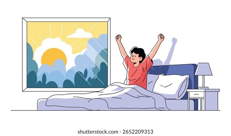 Person happily stretching arms upon waking up in bed with sunshine streaming through window on a bright morning