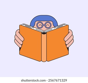 A person happy reader holding an orange book with a big smile cartoon hand drawn illustration perfect for educational content or literature promotion