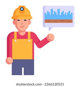 Person with hard cap, flat style icon of engineer 