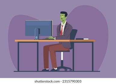 Person from hard work turns into an office zombie. Tired man sitting at table and working on computer. Burnout employee. Dead inside character. Cartoon flat style isolated vector concept