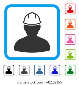 Person In Hardhat icon. Flat grey pictogram symbol in a light blue rounded rectangular frame. Black, gray, green, blue, red, orange color additional versions of Person In Hardhat vector.