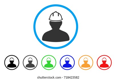Person In Hardhat rounded icon. Style is a flat person in hardhat gray symbol inside light blue circle with black, gray, green, blue, red, orange variants.