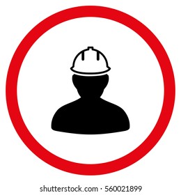 Person In Hardhat vector bicolor rounded icon. Image style is a flat icon symbol inside a circle, intensive red and black colors, white background.