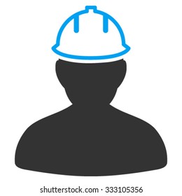 Person In Hardhat vector icon. Style is bicolor flat symbol, blue and gray colors, rounded angles, white background.