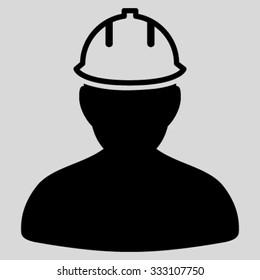 Person In Hardhat vector icon. Style is flat symbol, black color, rounded angles, light gray background.