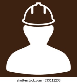 Person In Hardhat vector icon. Style is flat symbol, white color, rounded angles, brown background.