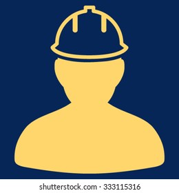 Person In Hardhat vector icon. Style is flat symbol, yellow color, rounded angles, blue background.
