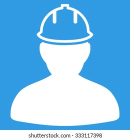 Person In Hardhat vector icon. Style is flat symbol, white color, rounded angles, blue background.