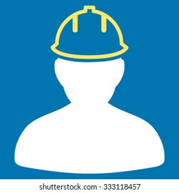 Person In Hardhat vector icon. Style is bicolor flat symbol, yellow and white colors, rounded angles, blue background.