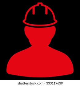 Person In Hardhat vector icon. Style is flat symbol, red color, rounded angles, black background.