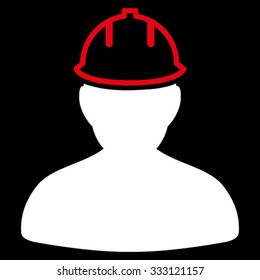 Person In Hardhat vector icon. Style is bicolor flat symbol, red and white colors, rounded angles, black background.