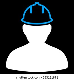 Person In Hardhat vector icon. Style is bicolor flat symbol, blue and white colors, rounded angles, black background.