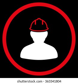 Person In Hardhat vector icon. Style is bicolor flat circled symbol, red and white colors, rounded angles, black background.