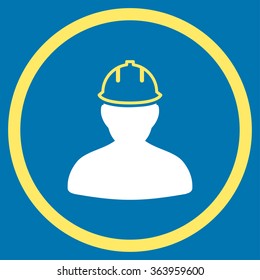 Person In Hardhat vector icon. Style is bicolor flat circled symbol, yellow and white colors, rounded angles, blue background.