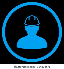 Person In Hardhat vector icon. Style is flat circled symbol, blue color, rounded angles, black background.