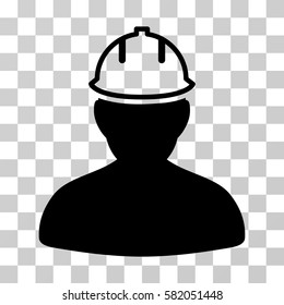 Person In Hardhat vector pictogram. Illustration style is flat iconic black symbol on a transparent background.