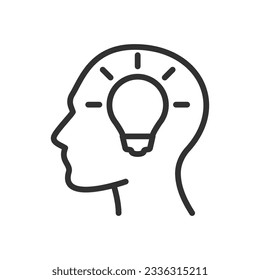 Person has an idea, linear icon. A light bulb in the head. Line with editable stroke