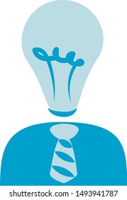 Person has light bulb instead of head, brainstorming, idea concept. People Icon, symbol, element. Vector graphic. Isolated on white. Flat style design.
