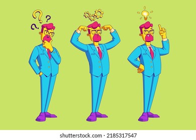 La persona tiene preguntas, piensa y encuentra solución. Concepto de idea creativa, decisión de problema empresarial. Ilustración vectorial del hombre con marcas de preguntas, engranajes y bombilla