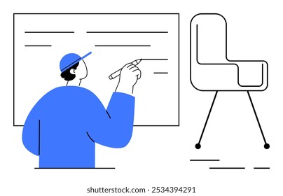 Person with hat drawing on whiteboard next to chair. Ideal for education spaces, office environments, presentations, creative workspaces, and instructional settings. Simple line art style